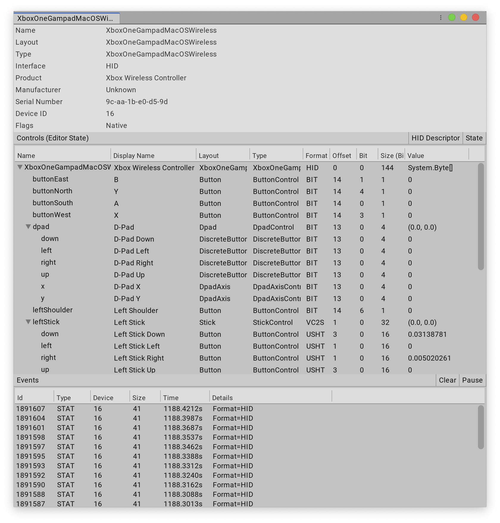 Device in Input Debugger